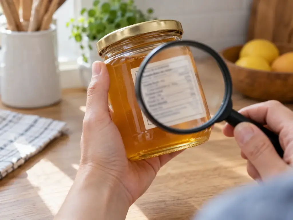 Ruke sa lupom proveravaju deklaraciju na tegli meda