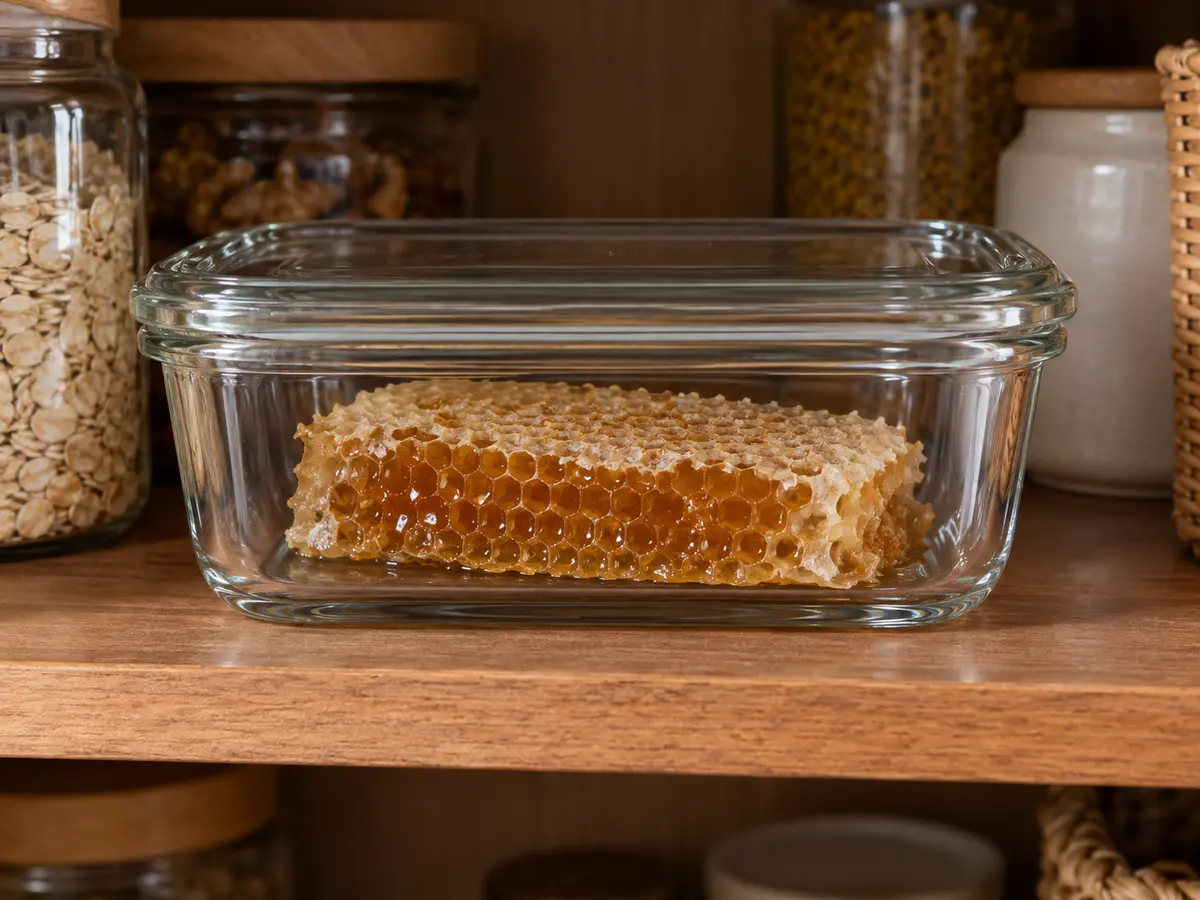 Piece of comb honey in a closed glass container on a shelf
