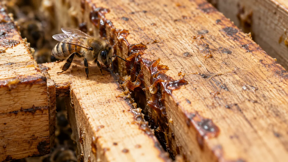 Pčela uz smolasti propolis na spoju drvenih ramova košnice