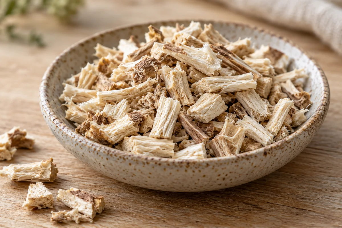 Dried cut marshmallow root in a shallow bowl