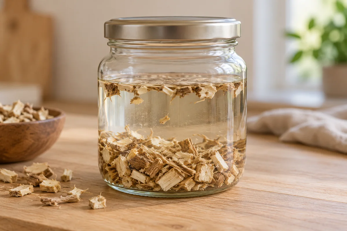 Marshmallow root soaking in water in a covered glass vessel
