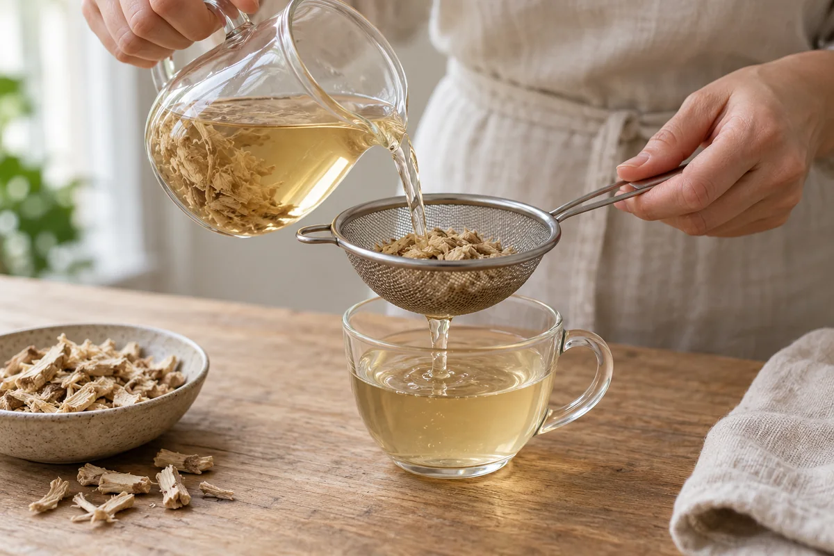Straining a marshmallow root infusion through a fine sieve