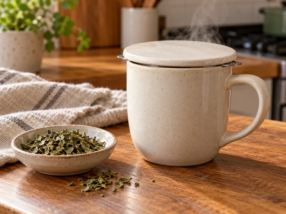 Poklopljena šolja sa infuzerom tokom pripreme čaja od nane